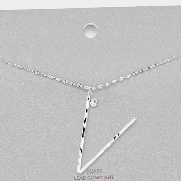 Silver V Monogram Big Pendant Long Chain Necklace - Picture 1 of 2